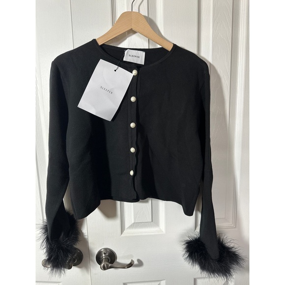 Sleeper Revolve Knit Cardigan Sweater Detachable Feathers Button Front Classy - Picture 4 of 8